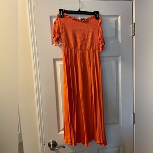 View from the meadow bright orange off-the-shoulder dress